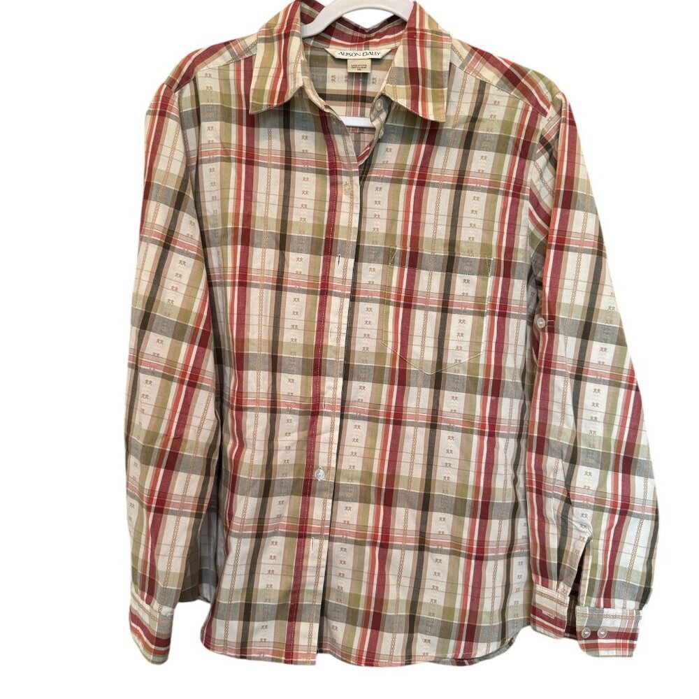 Alison Daley Plaid Button-Up Shirt Size 14. Preppy Cottagecore Country Chic NWT